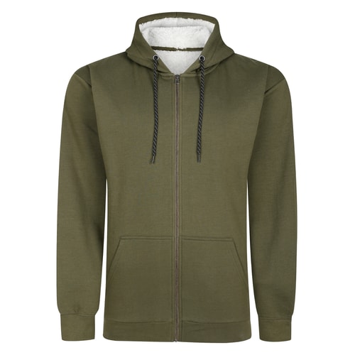 Dark khaki zip hoody with sherpa-lined hood, front view.